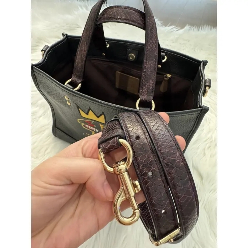 NWOT COACH Black Leather Tote with Dino Motif and Pink Snake-Print Strap - Picture 7 of 10